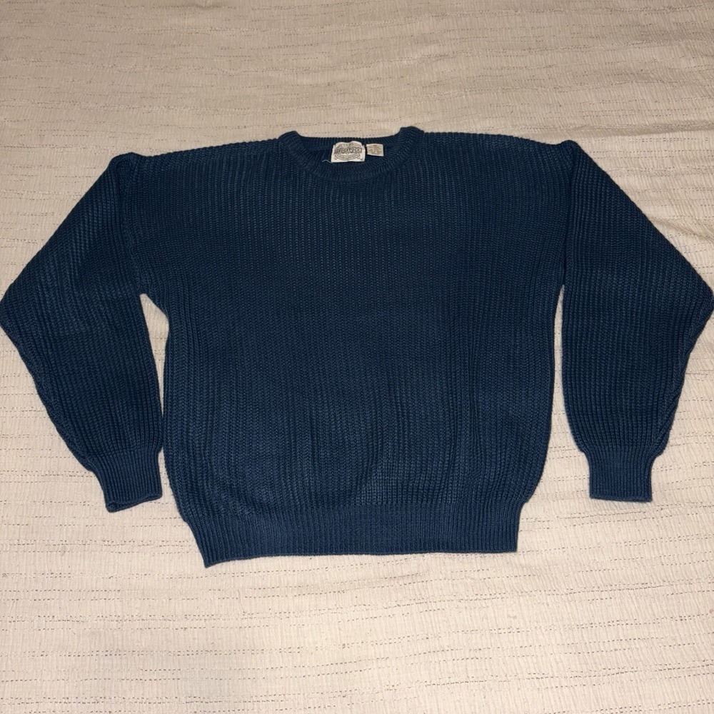 Vintage Saugatuck Mens Sweater Medium Blue Chunky Knit Crewneck Grandpa USA